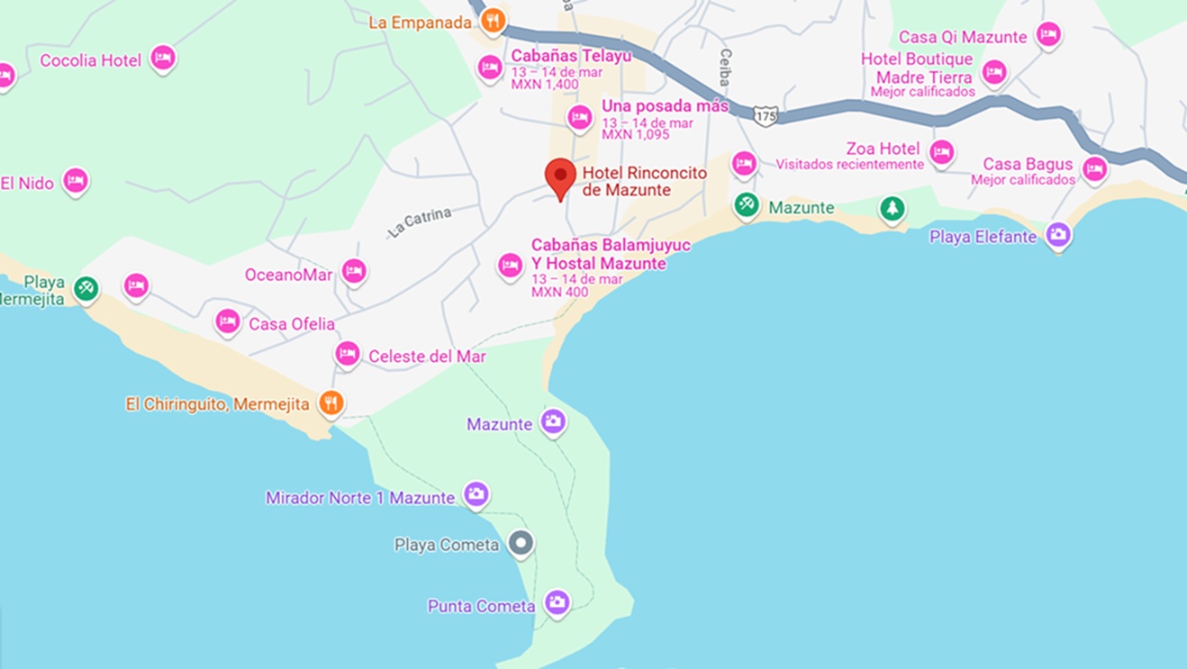vista y ubicación en mapa de hotel El Rinconcito en Mazunte Oaxaca 