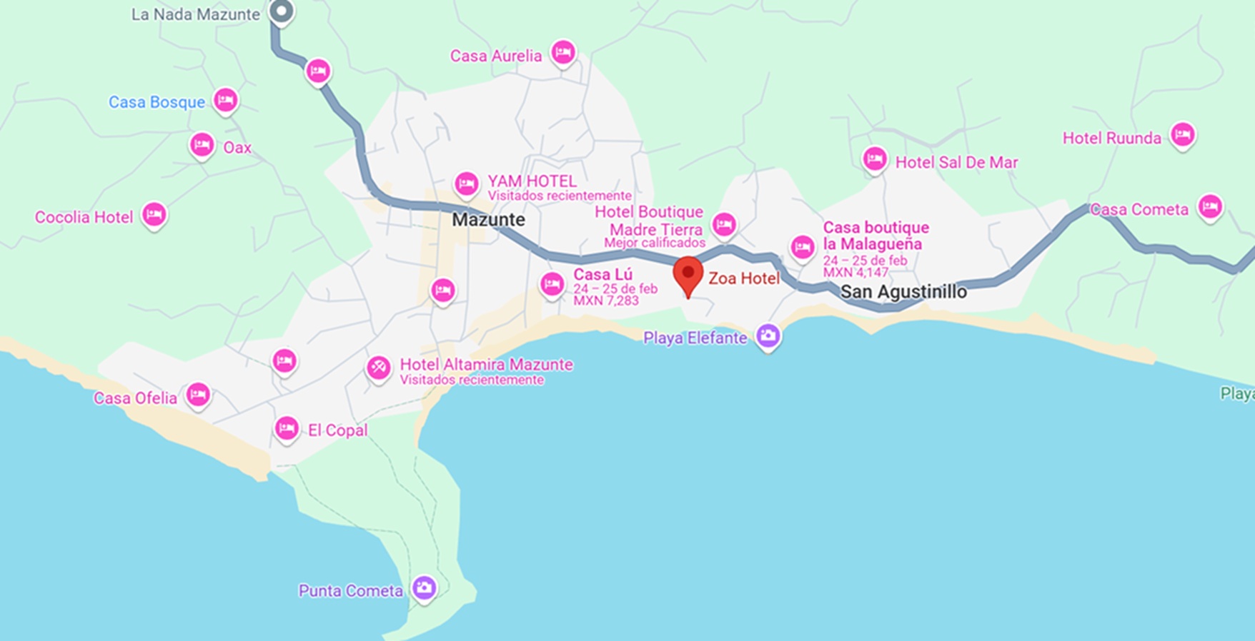 mapa y ubicación de Hotel Zoa en Mazunte Oaxaca 