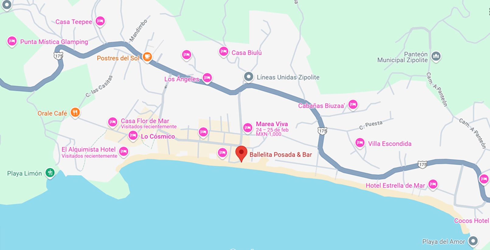 mapa_ballelita_posada mapa y ubicación de hotel Ballelita Posada en Zipolite, Oaxaca