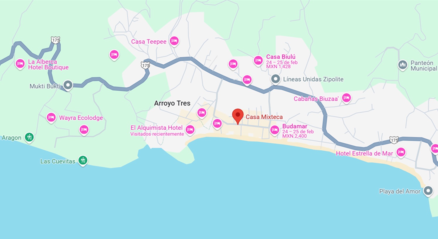 mapa_casa_mixteca mapa y ubicación de hotel casa mixteca en Zipolite Oaxaca