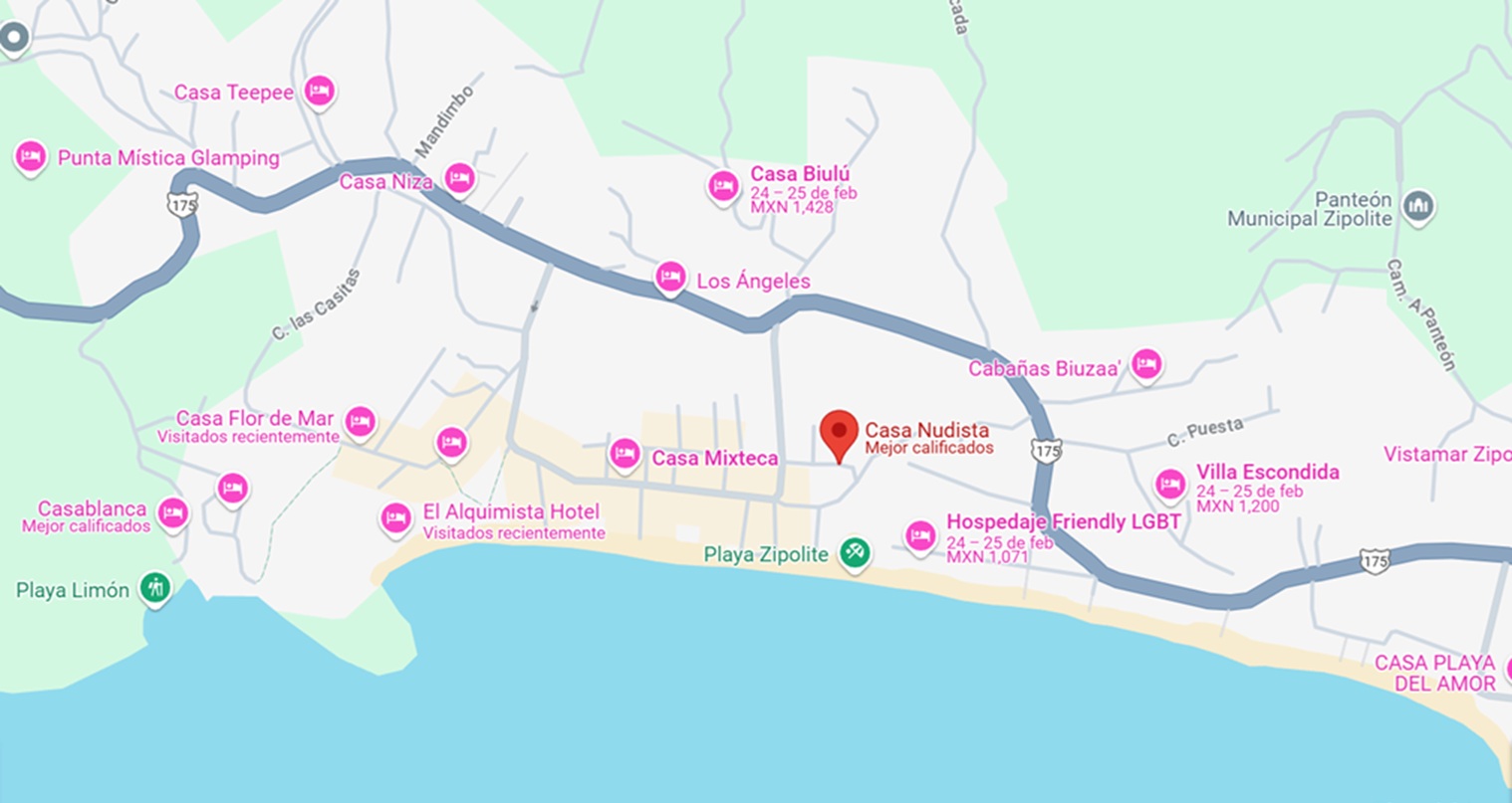mapa_casa_nudista mapa y ubicación de hotel casa nudista en Zipolite Oaxaca