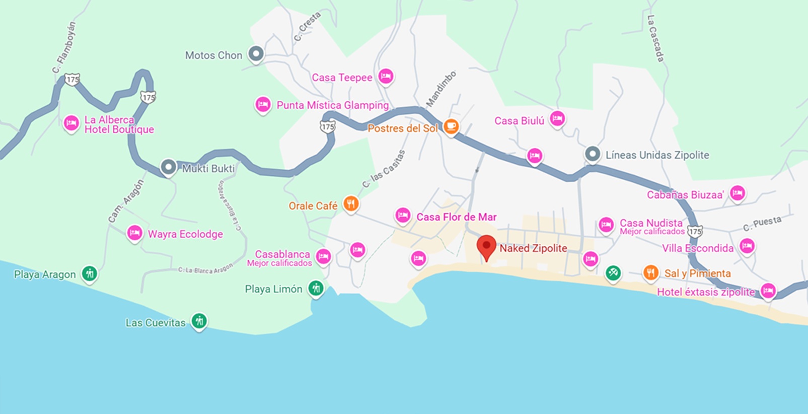 mapa_naked_zipolite mapa y ubicación de hotel Naked en Zipolite Oaxaca